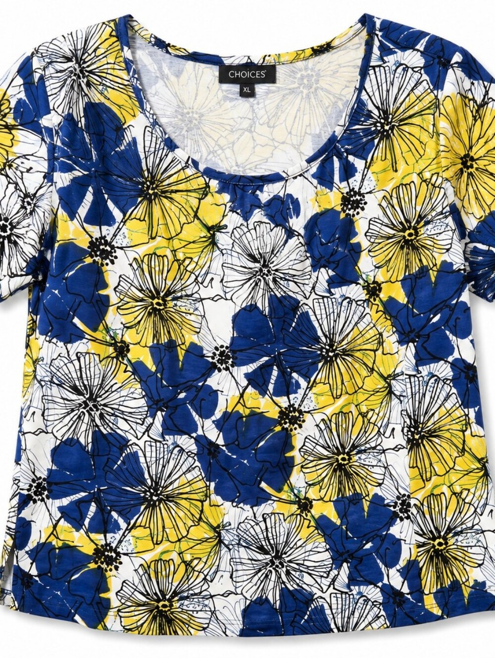 Choices Women’s XL Blue Yellow Floral Scoop Neck Short Sleeve Top
